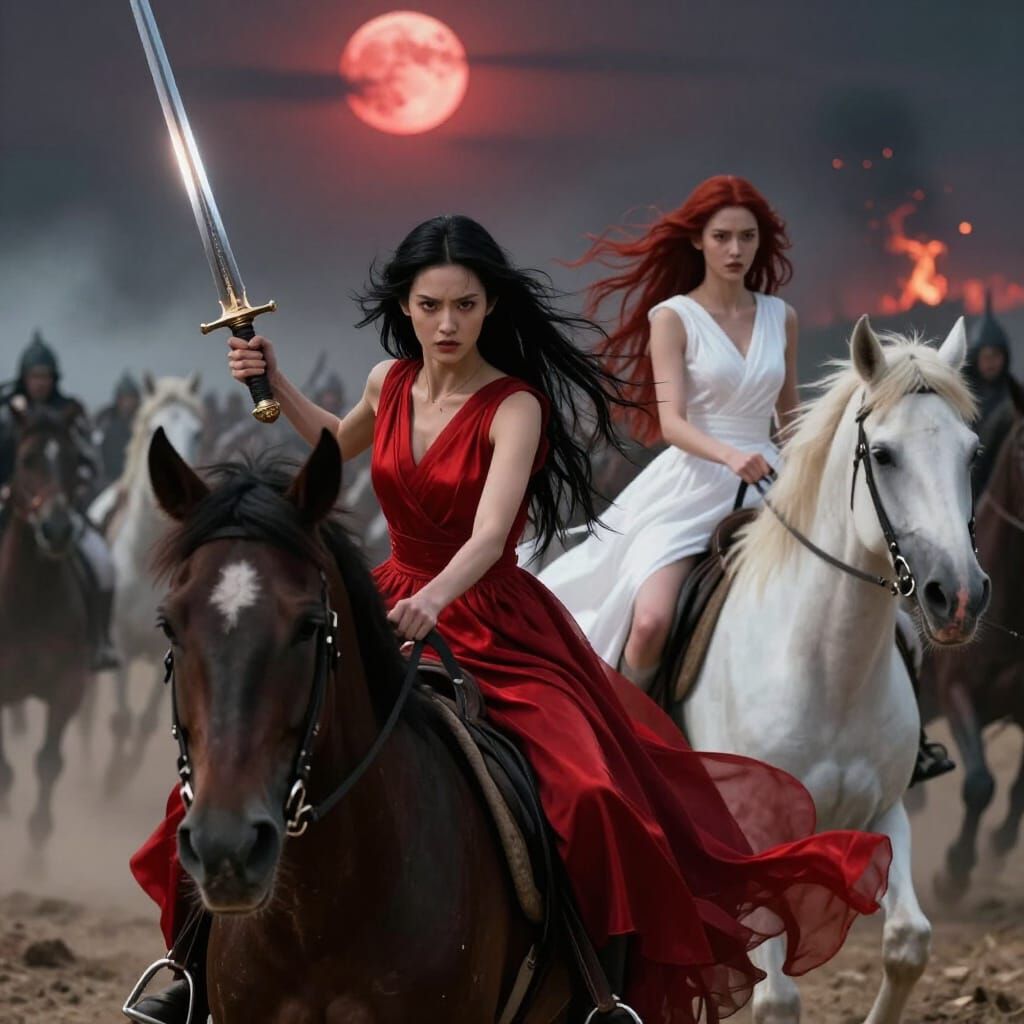 Fierce Women Lead Cavalry Charge in Dark Fantasy Battle