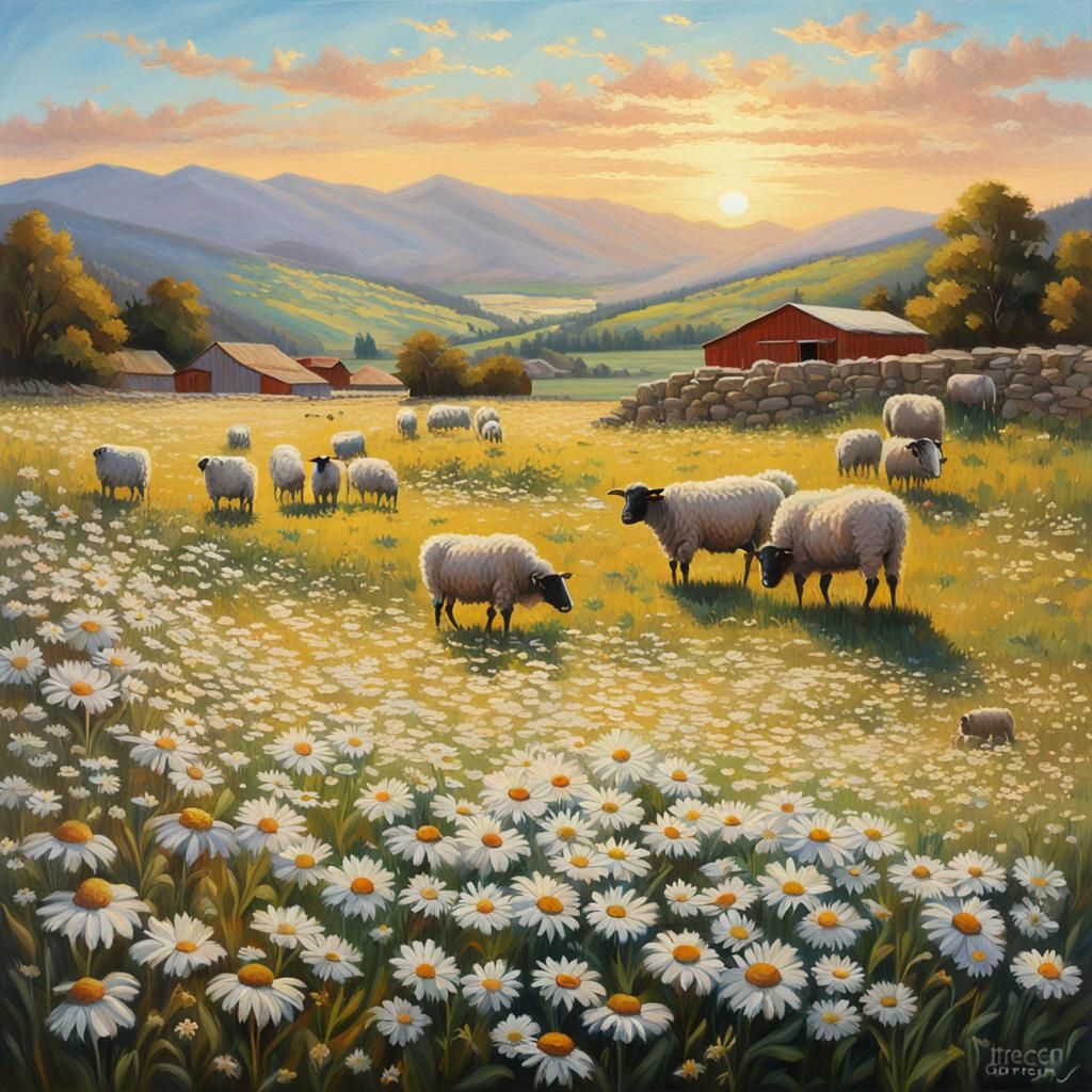 Daisy Fields and Farm Animals at Sunset