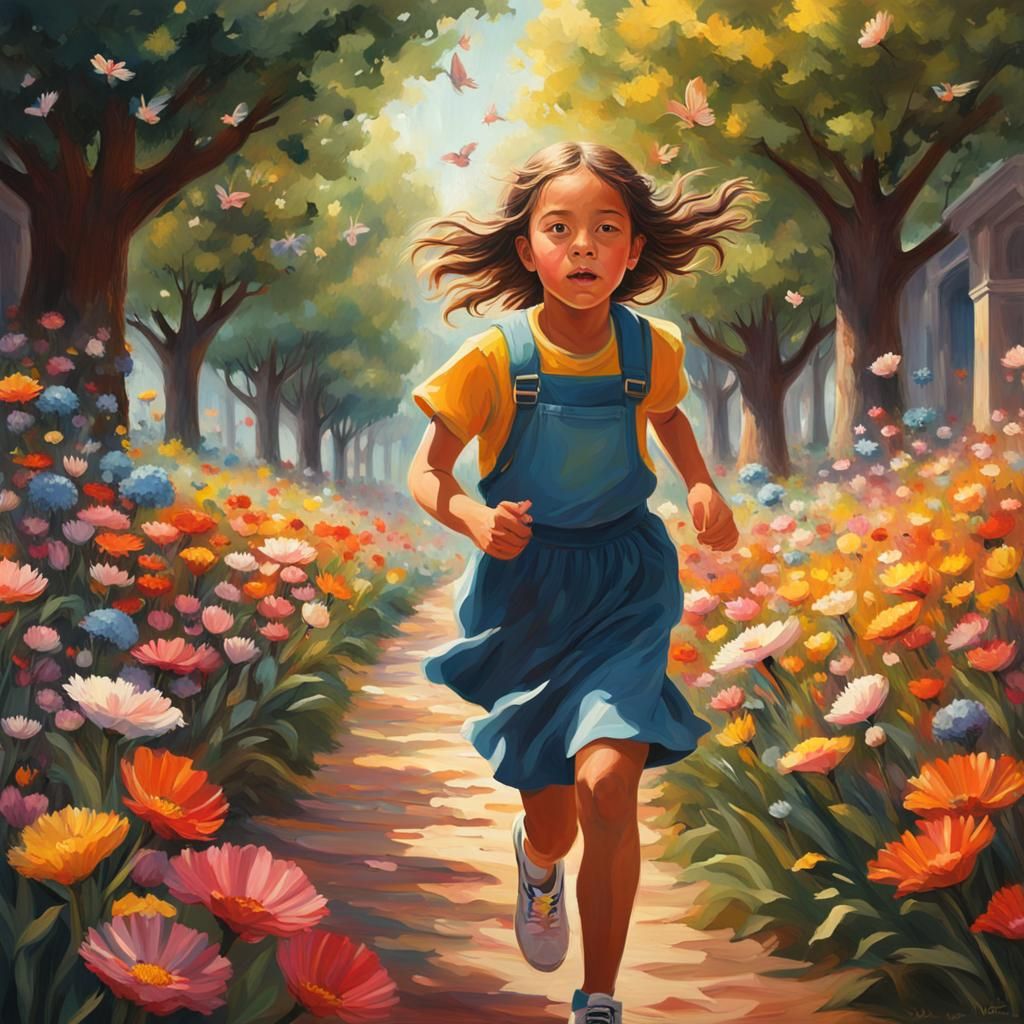 Schoolgirl Runs Through Hyperrealistic Flower Grove