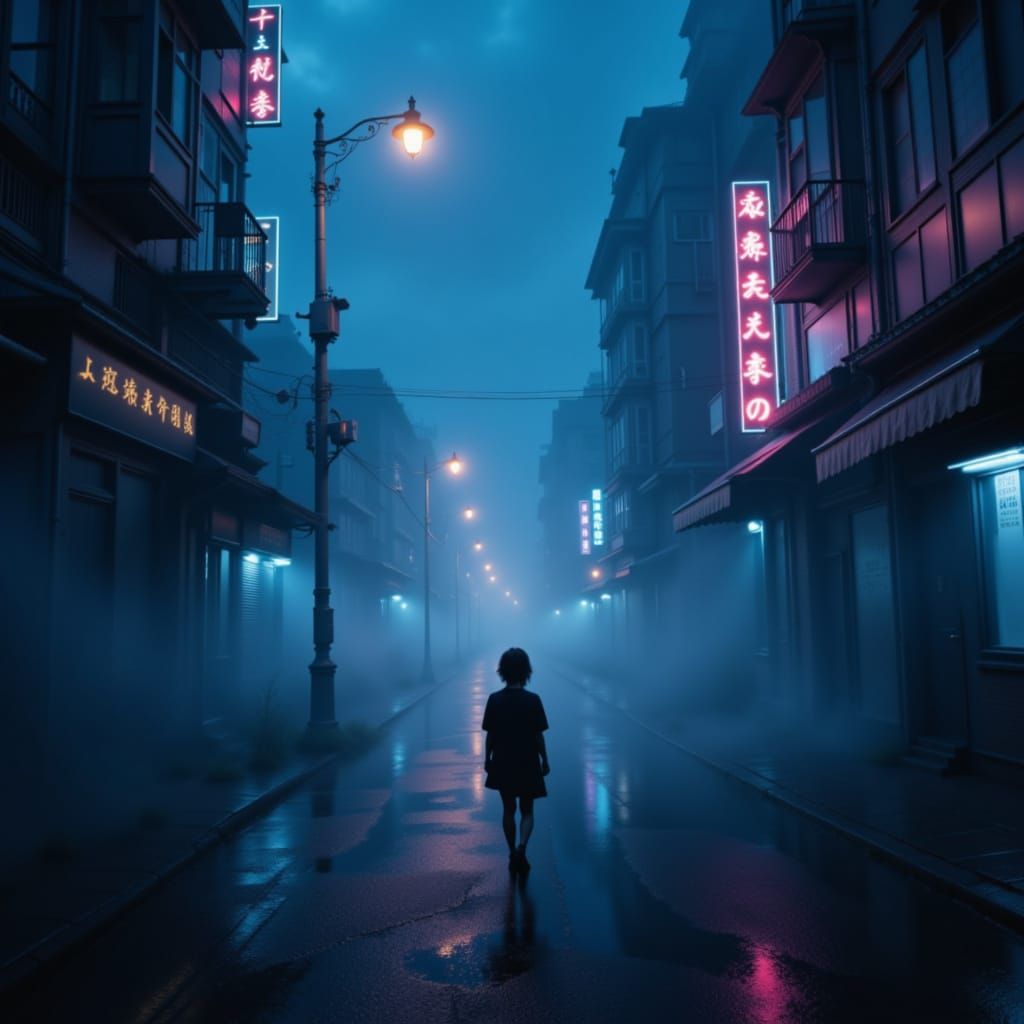 Twilight Cityscape with Melancholy Figure in Surreal Noir St...