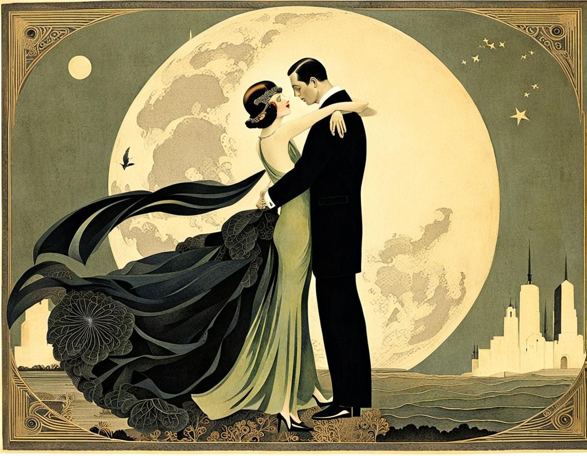 Lovers' Nocturne: Art Deco Embrace Under the Moon