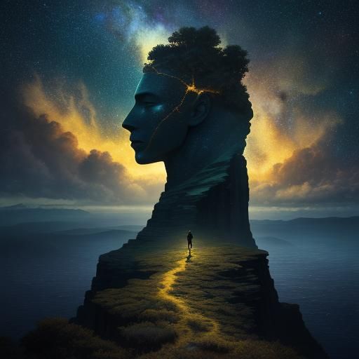 Surreal Dreamscape: Figure Gazing at Starry Night