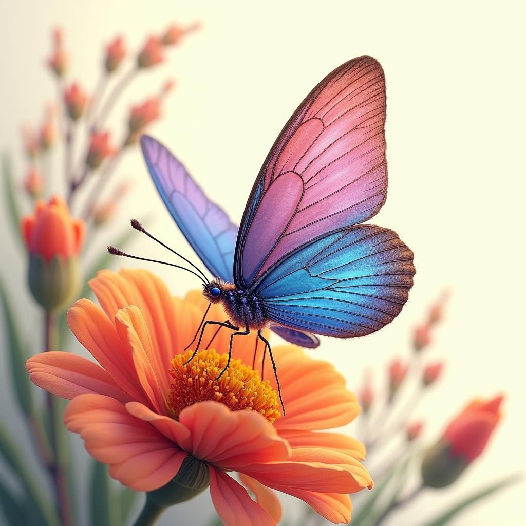 Iridescent Butterfly on Floral Bouquet, Digital Art