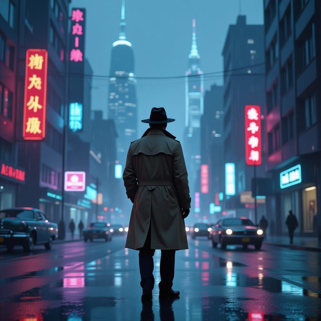 Detective in Retro-Futuristic City, Neon Reflections