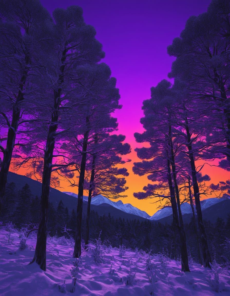 Retrofuturistic Snowy Landscape in Vibrant Orange and Purple...