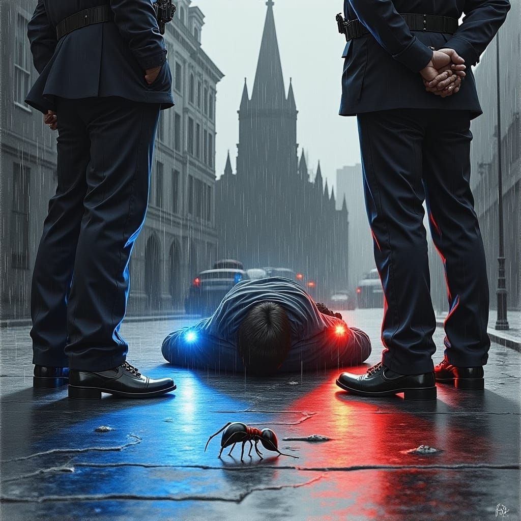 Ant Navigating Police Arrest in Film Noir Pencil Art