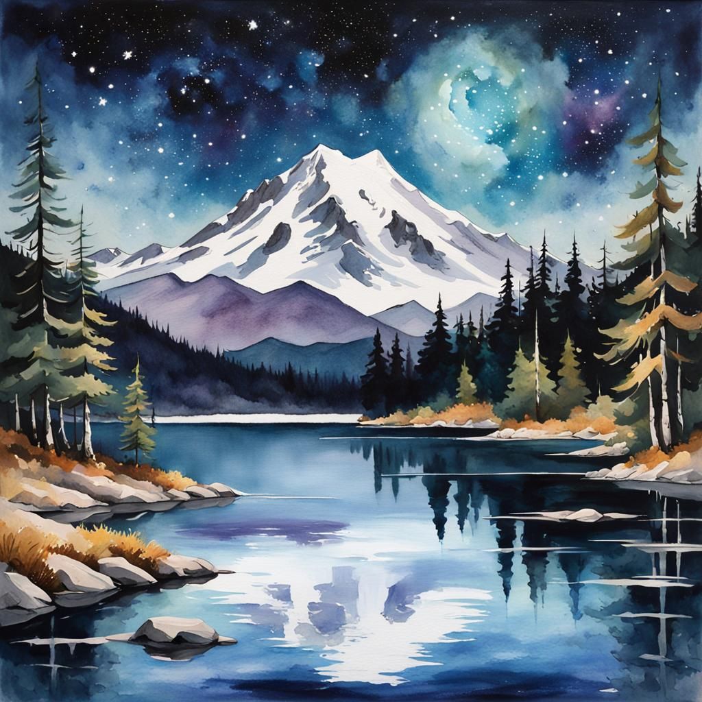 Cosmic Lake Reflecting Nebulas: Watercolour Masterpiece