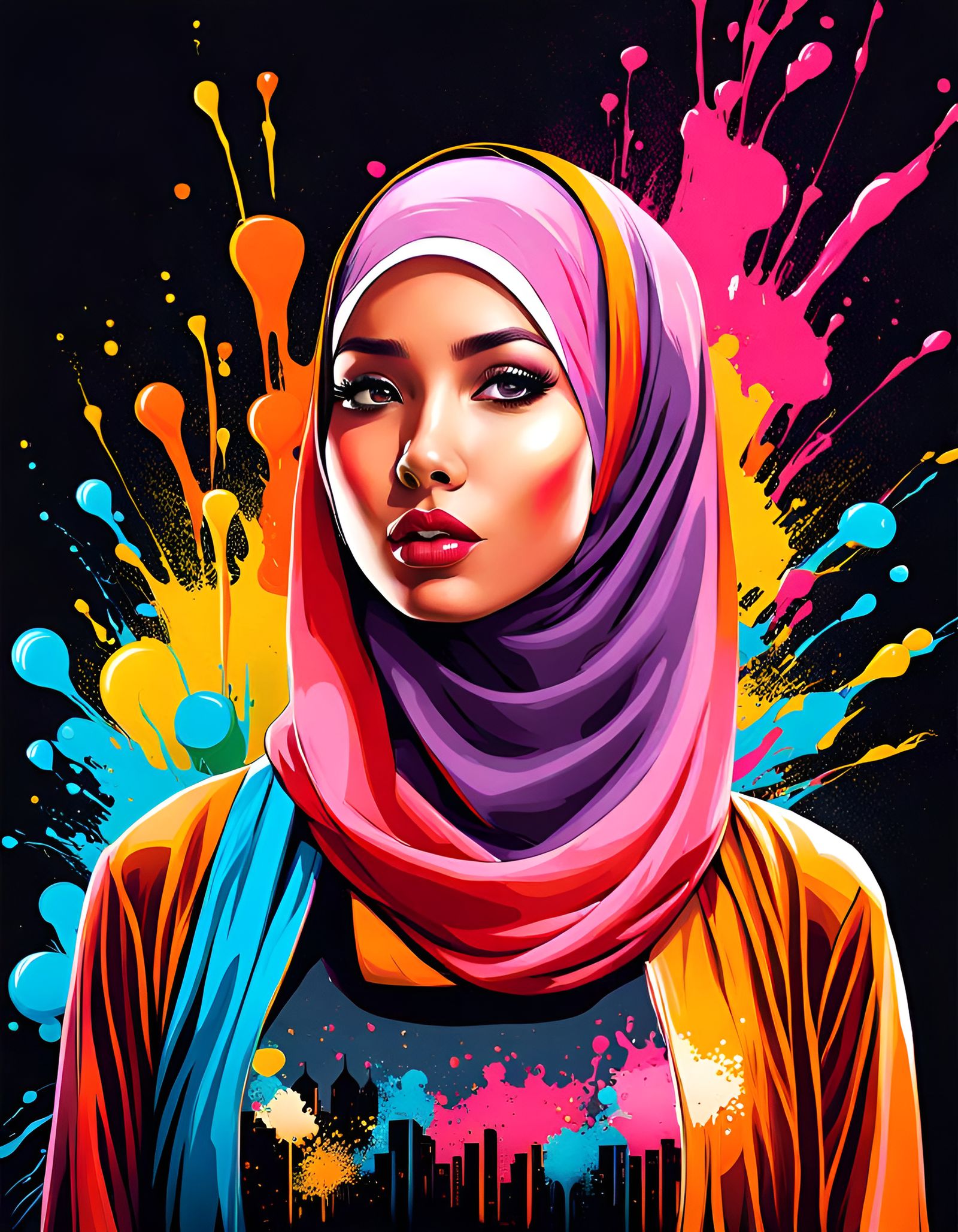 Beautiful Indonesian Woman in Hijab: Street Art Style