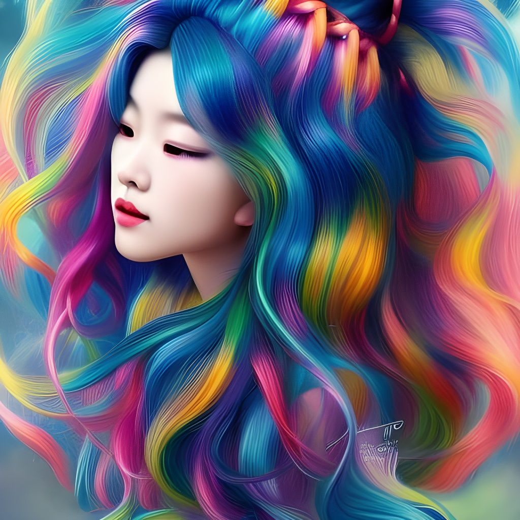 Noir Painting: Beautiful Ainu Girl with Blue Hair