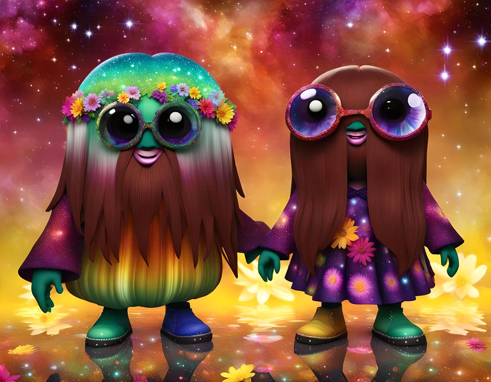 Groovy Dance of Enigmatic Characters in Floral Scene