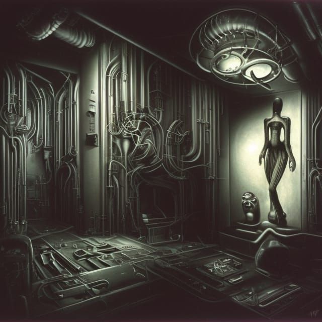 Surreal Strawberry in Giger-esque Chamber