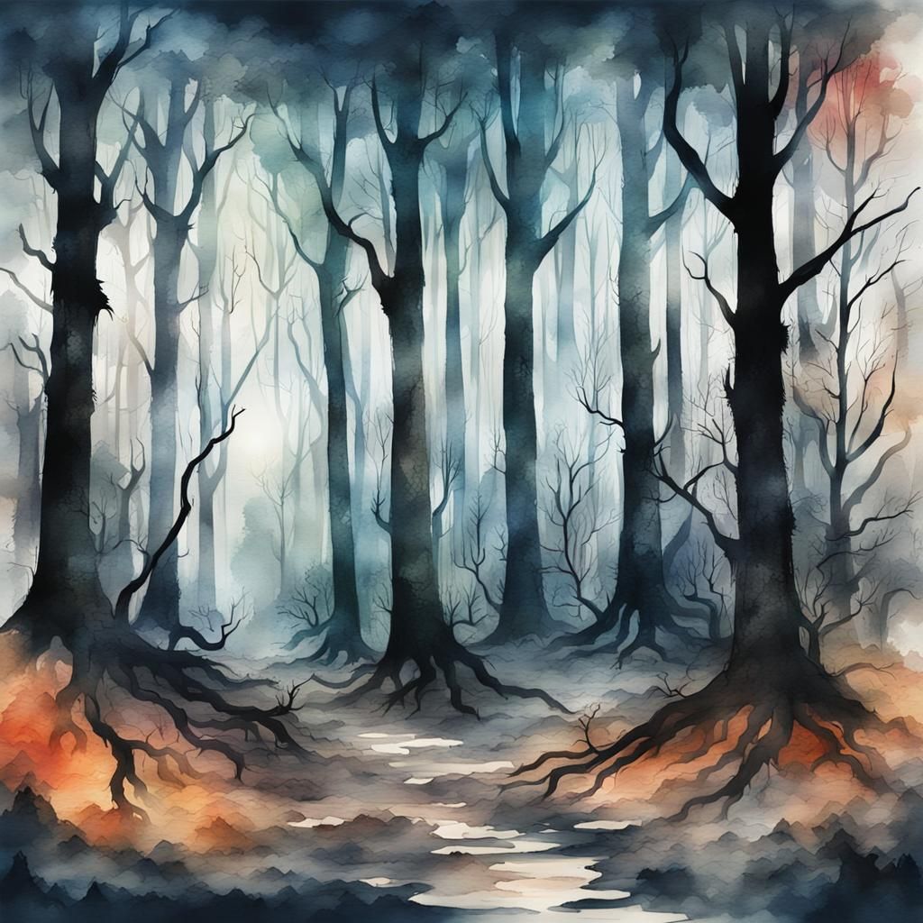 Eerie Watercolor Forest Illustration