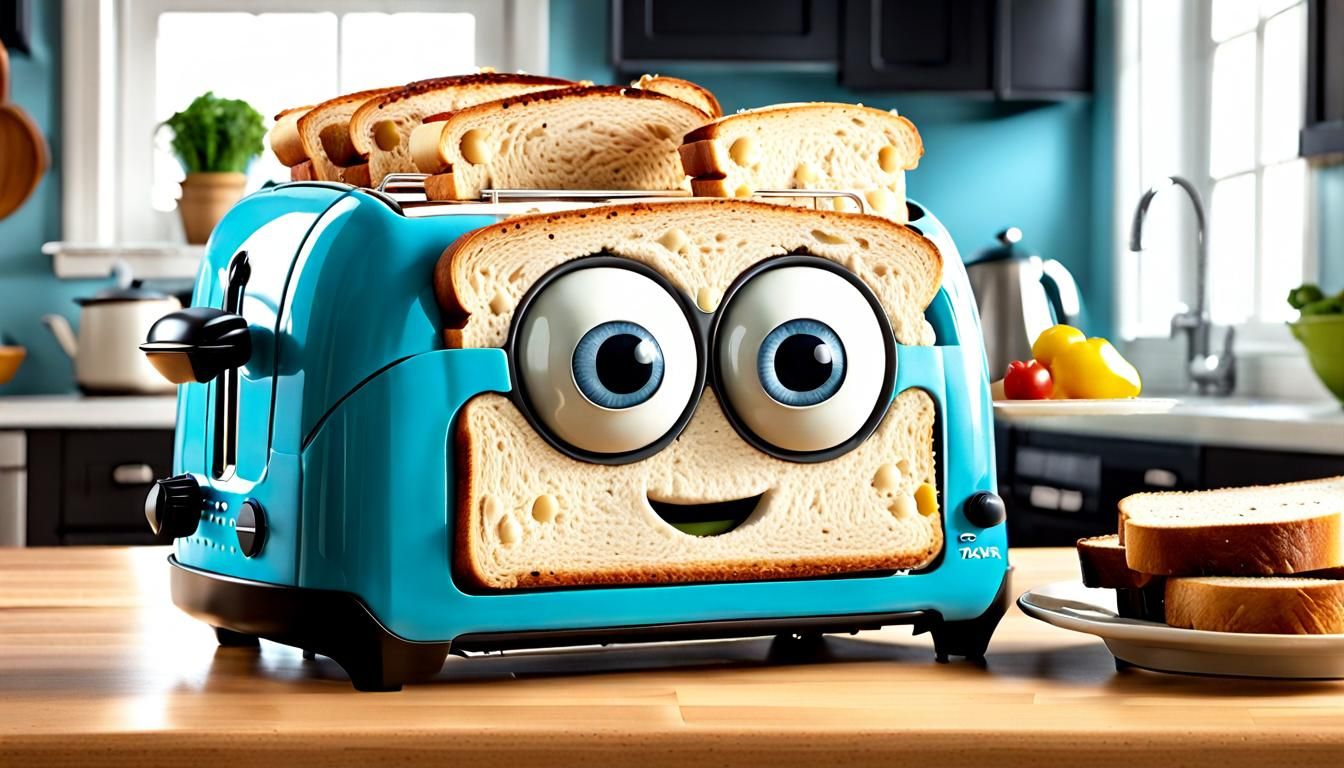 Astonished Toaster with Flying Toast in Pixar Style