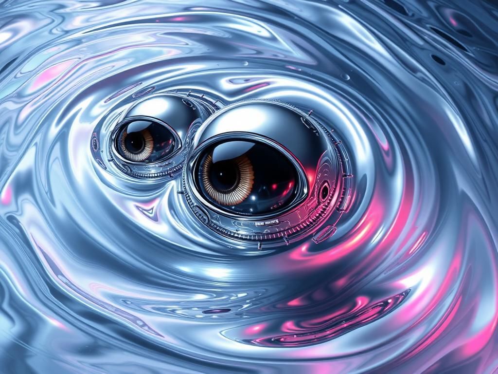 Surreal Cyborg Eyes in Mercury Sea, Futuristic Art