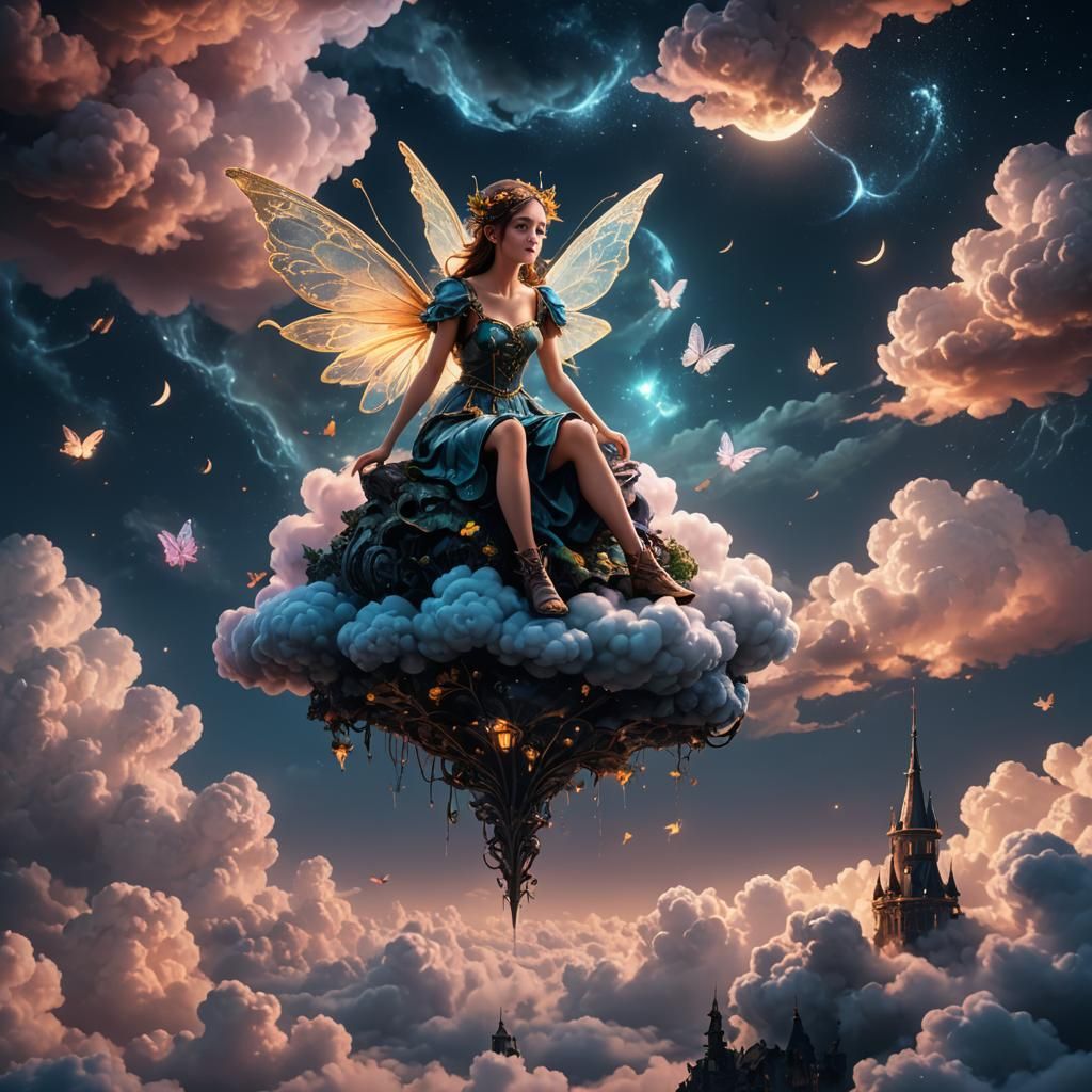 Fairy on Cloud at Night: Fantasy Concept Art