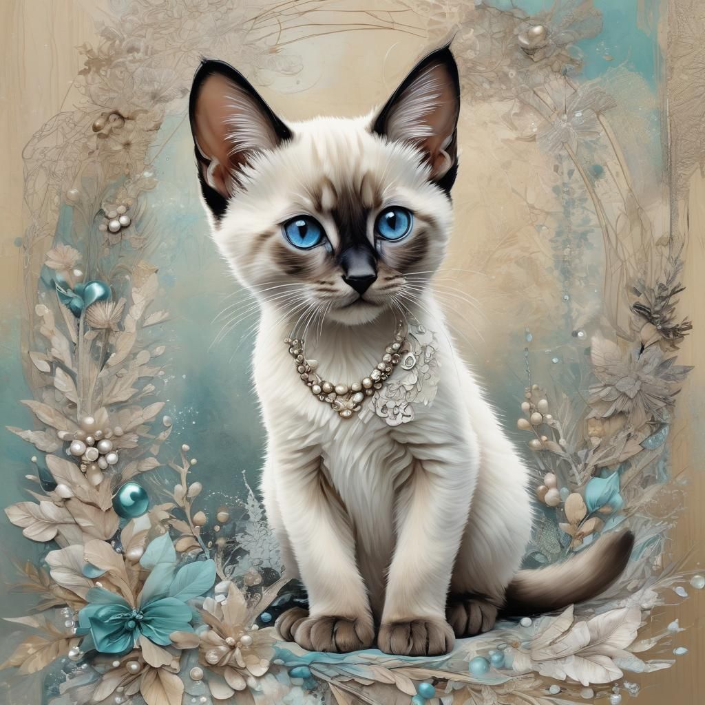Whimsical Winter Siamese Kitten in Pastel Colors