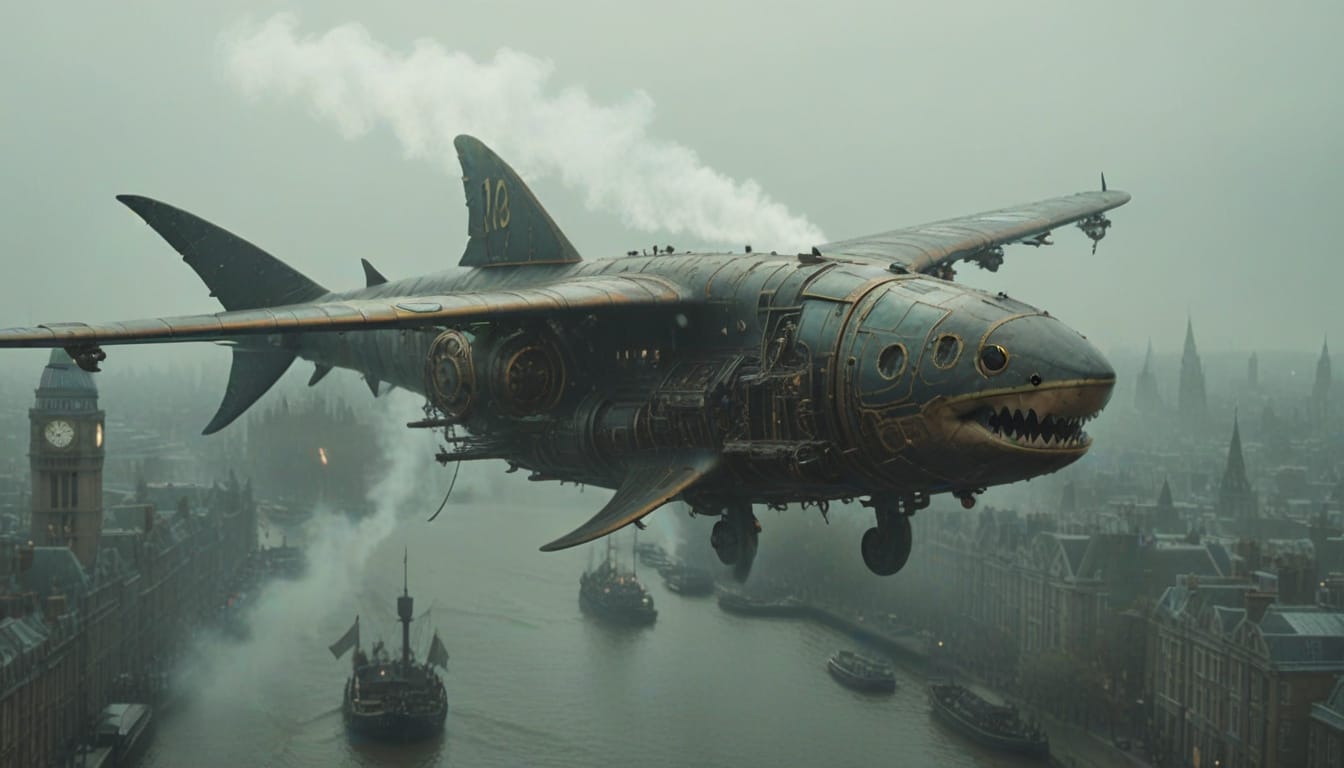 Steampunk Shark Aircraft Over Victorian London