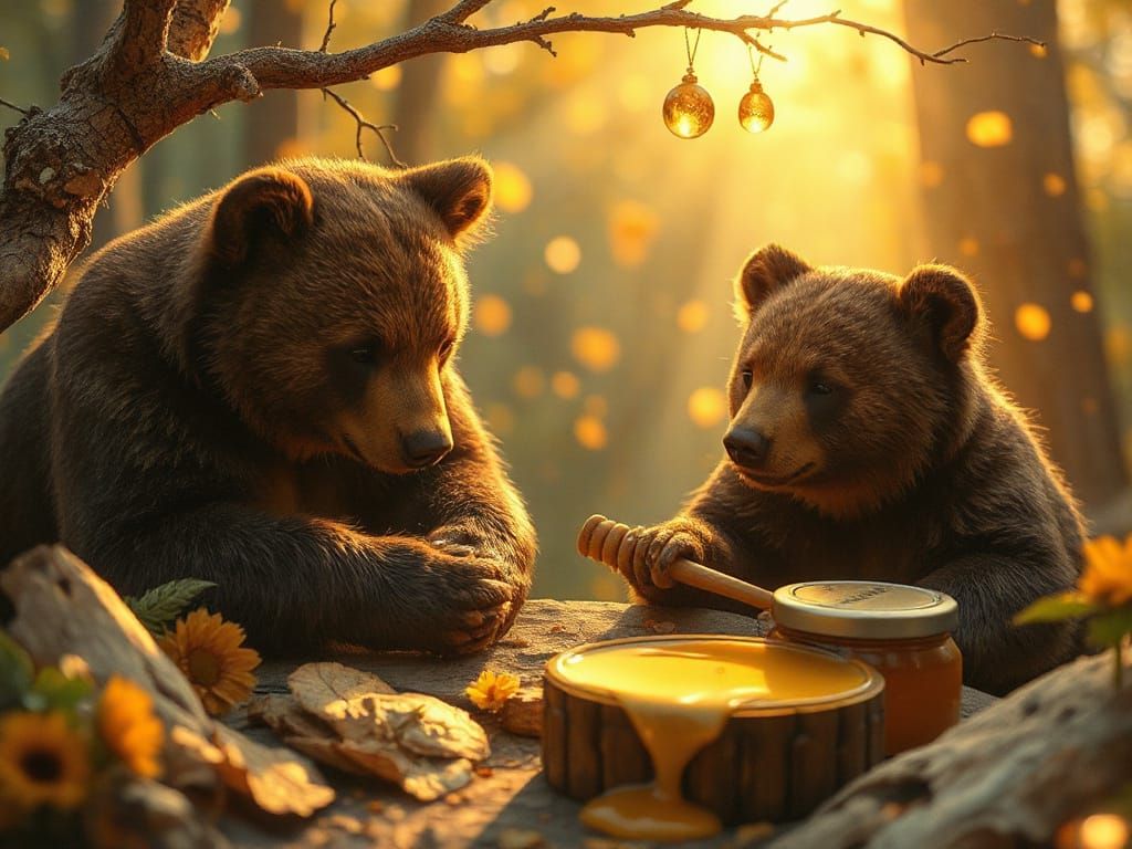 Dreamlike Bears Gather Honey in a Whimsical Forest Scene