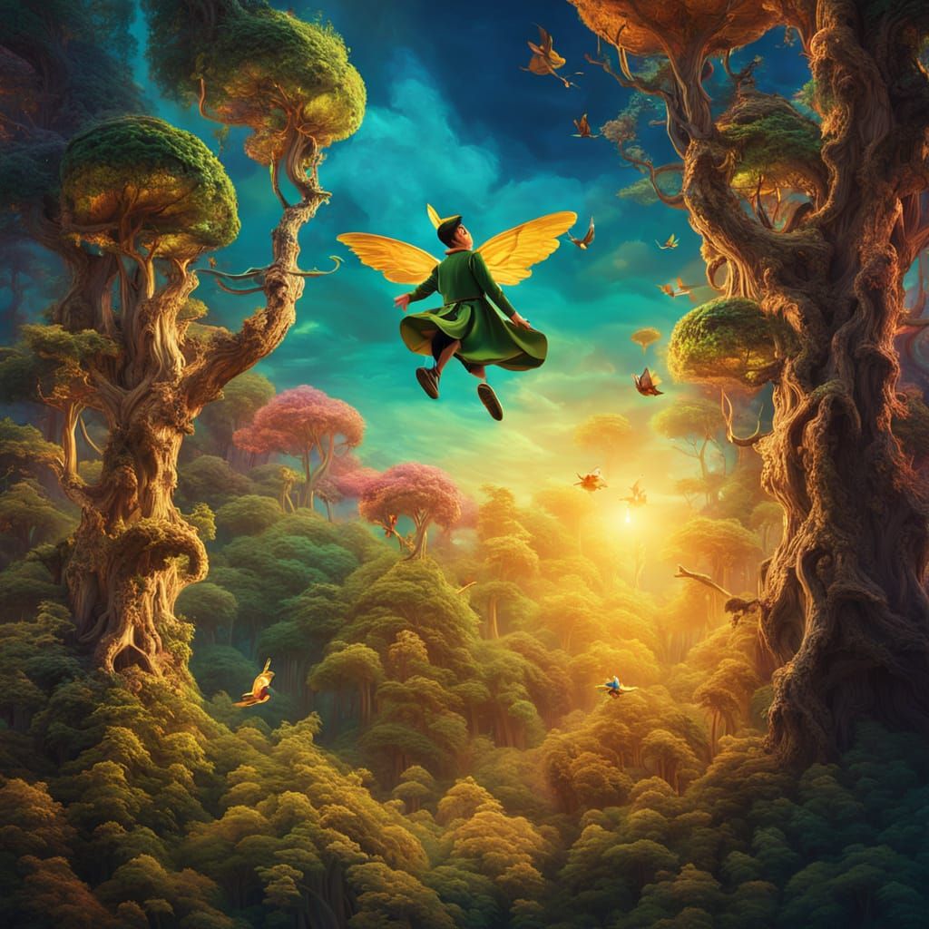 Peter Pan in Dreamlike Forest, Surreal Digital Art