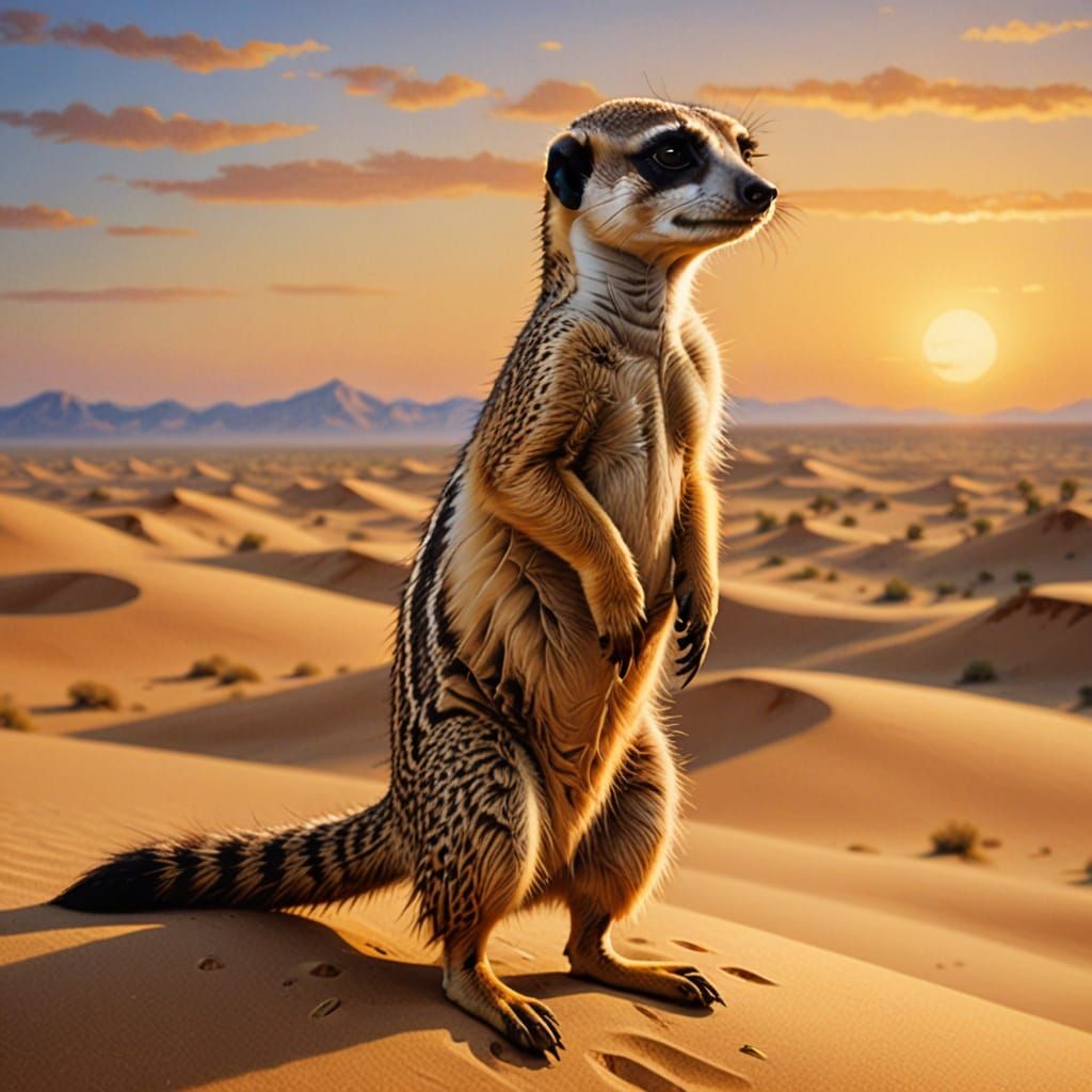 Alert Meerkat Surveys Vast Desert Landscape as Oil Painting