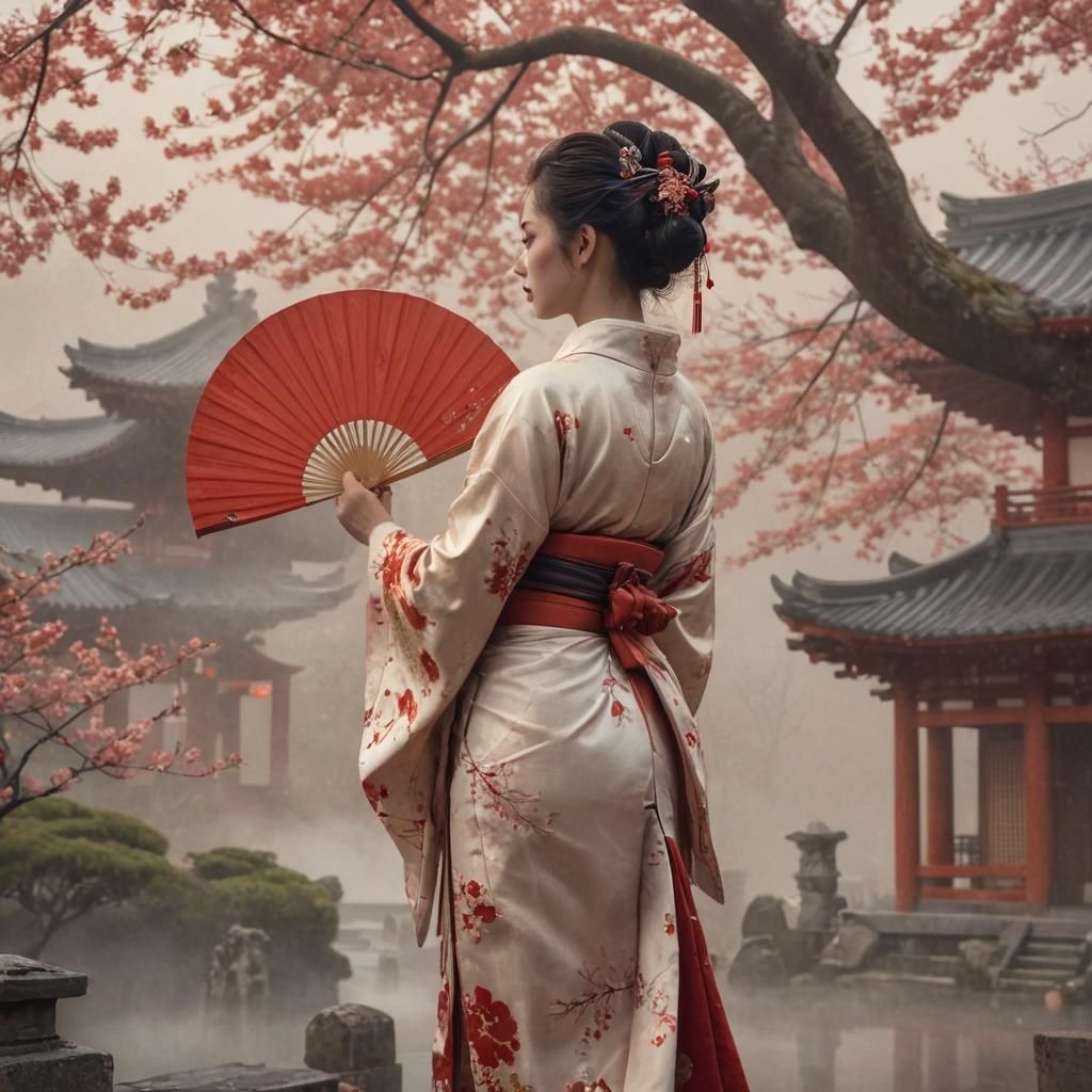 Geisha Contemplates Mist-Shrouded Temple in Vibrant Red and...