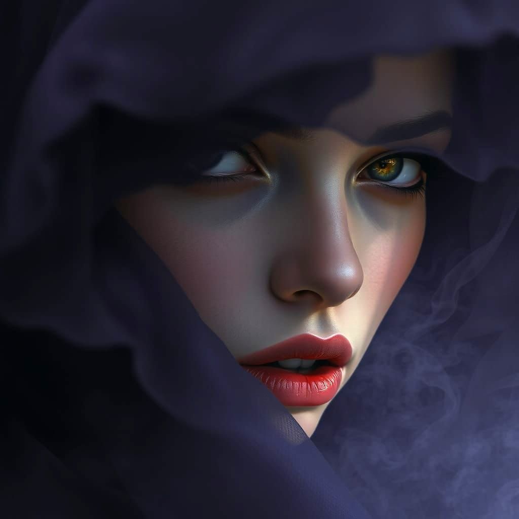 A charcoal and pastel portrait by Adda Barrios, where the face of a woman slowly emerges from beneath a sheer, ghostlike...