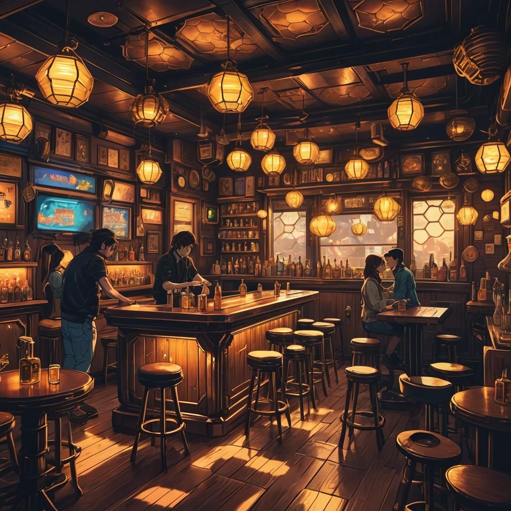 Retro Anime: Honey Bee Dive Bar in 50s Style