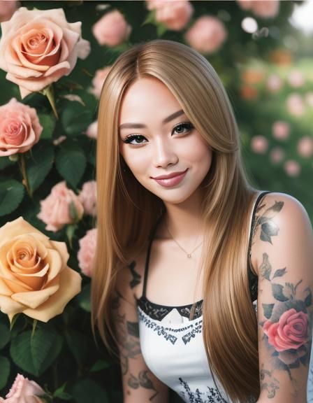 Tattooed Woman Smiling in Rose Garden, Photography