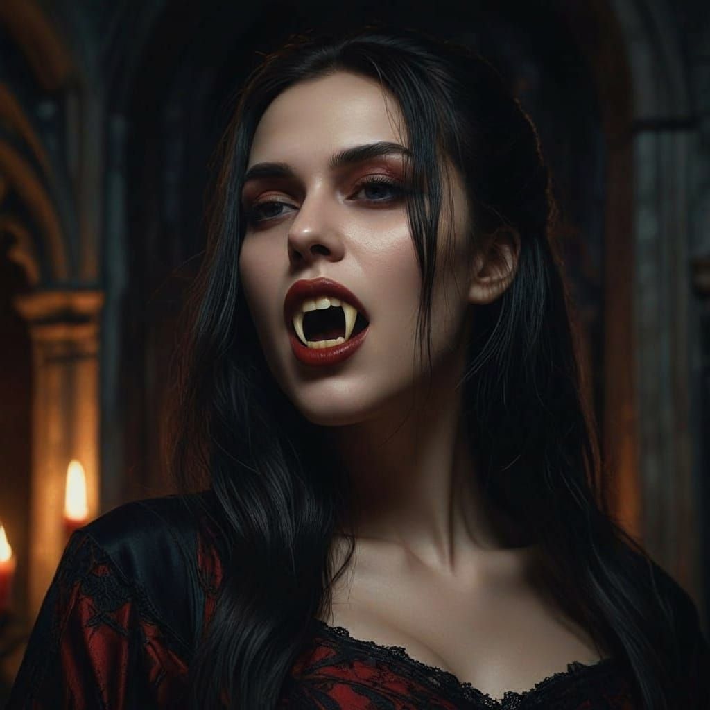 Gothic Vampire Woman with Sharp Fangs in Castle