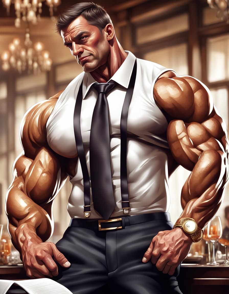 Muscular Bodybuilder in Restaurant: Digital Illustration