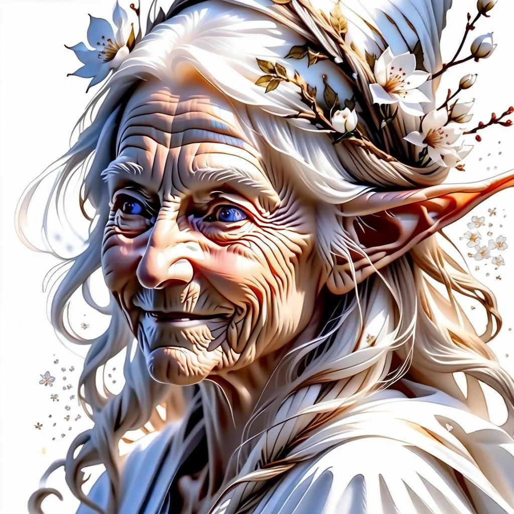 Ethereal Elderly Elf Portrait in White Watercolor Style