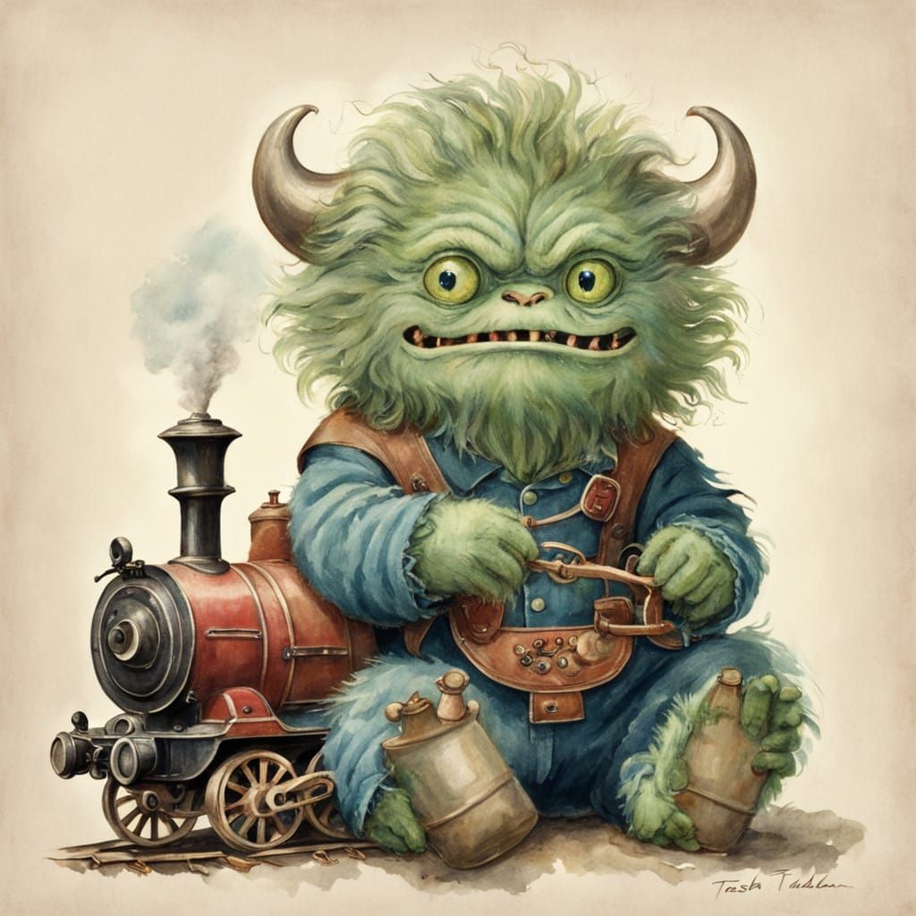Whimsical Tasha Tudor-Inspired Monster Holding a Toy Train