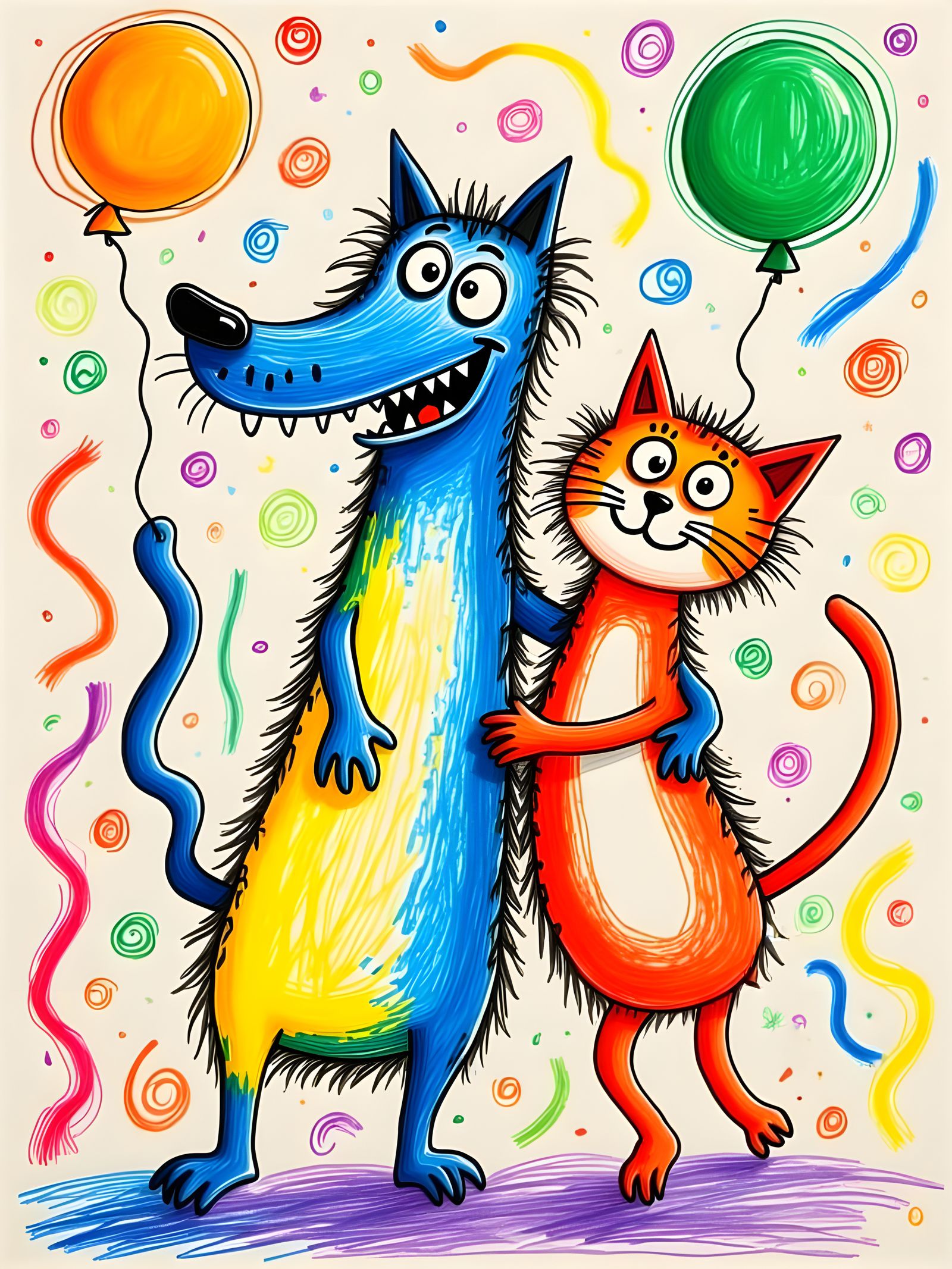 Dog and Cat Dancing: Child's Crayon Drawing