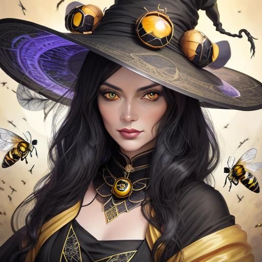 Tarot Witch with Bee Hat in Dark, Flowing Style
