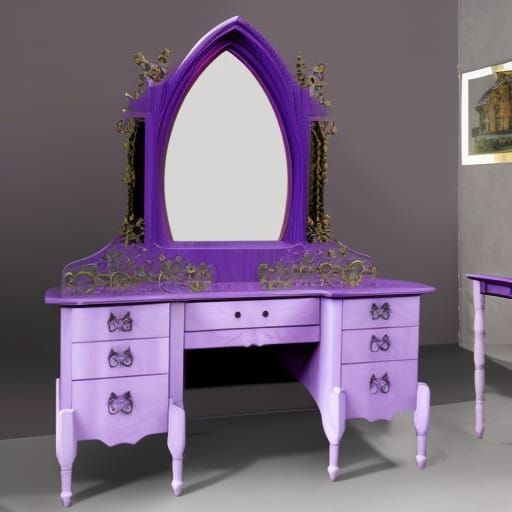 Ethereal Vibrant purple gothic vanity table with huge gothic mirror with cobalt blue accents& good craftsmanship vibes& ...