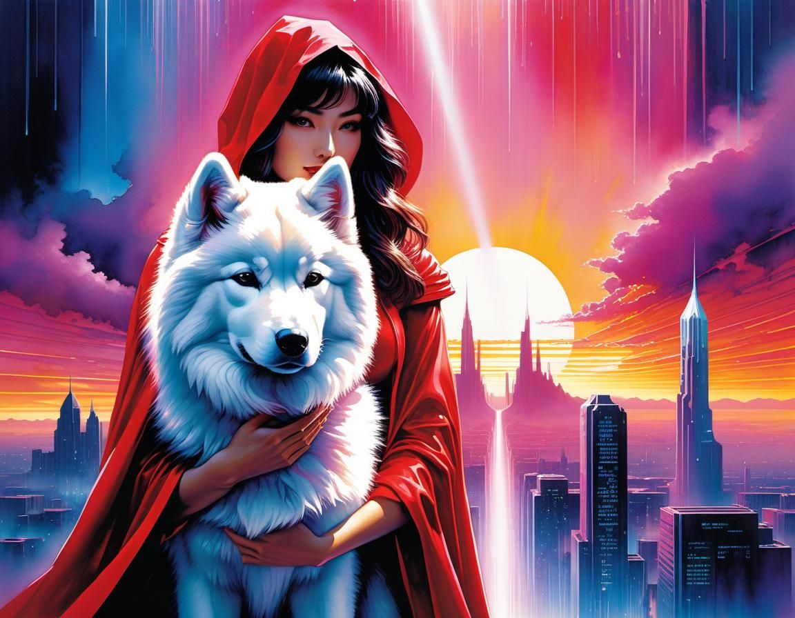 Little Red Riding Hood in Vaporwave Watercolor City