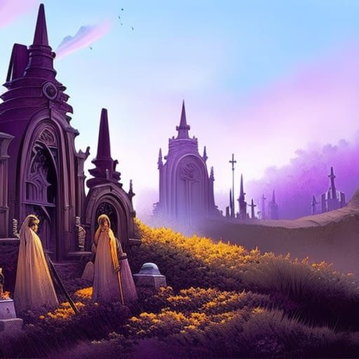 Beautiful haunted cemetery with a beautiful ghost :: artwork By Joe Fenton, Alejandro Burdisio, Ilya Kuvshinov, Jean Bap...