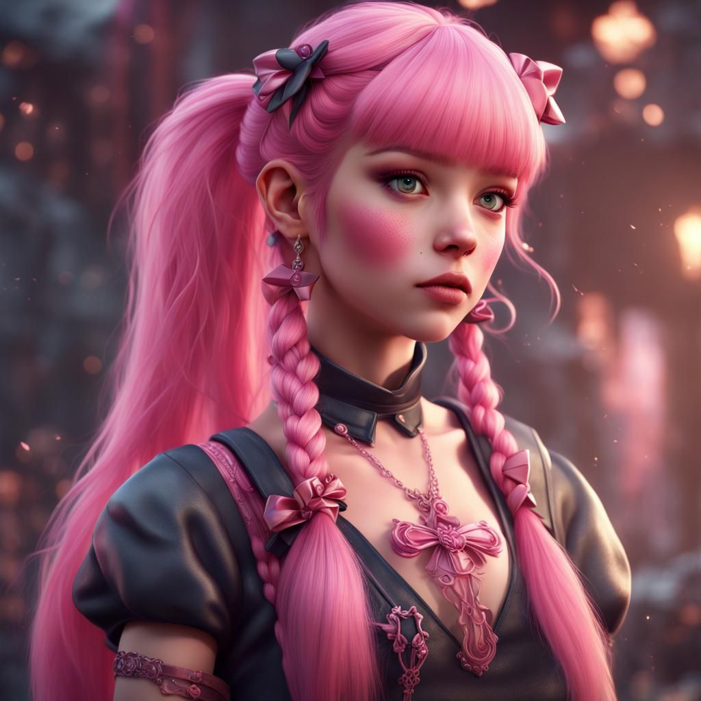 Girly Boy with Pink Hair and Bows: Detailed Matte Painting