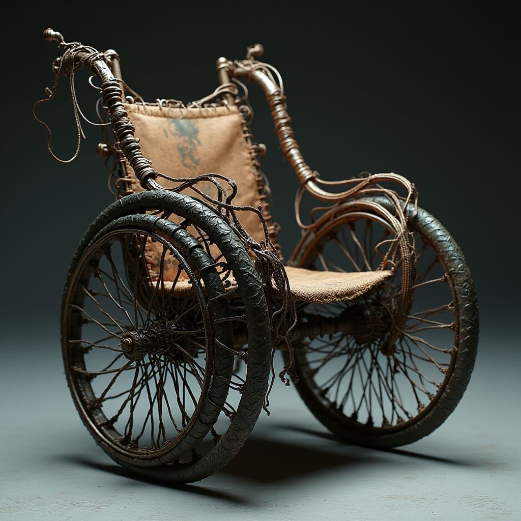 Industrial Wheelchair Sculpture with Twisted Metal and Wires