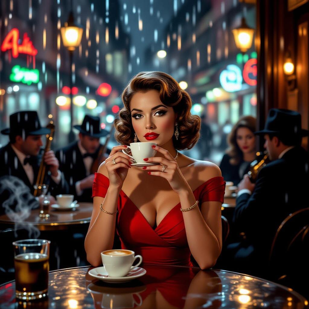 Parisian Cafe Scene with Woman in Red Dress