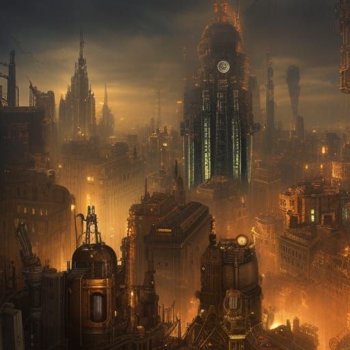 Steampunk Machines Tower Over City: Digital Matte Painting