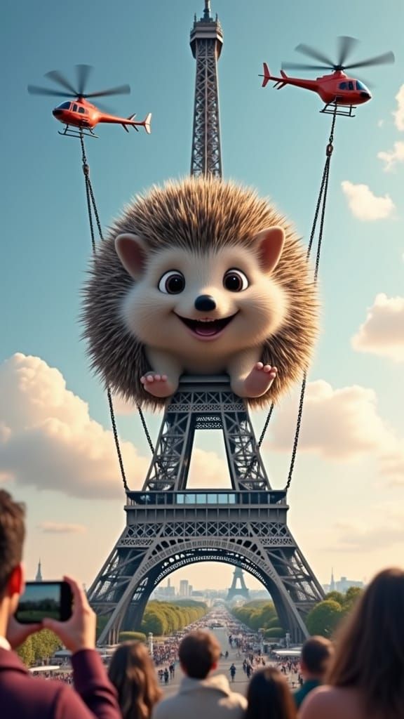 Giant Animated Hedgehog Dominates Eiffel Tower in Paris