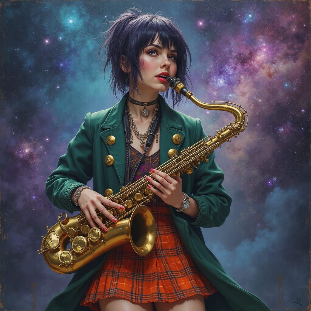Surreal Punk Girl Plays Saxophone in Cosmic Digital Oil Pain...