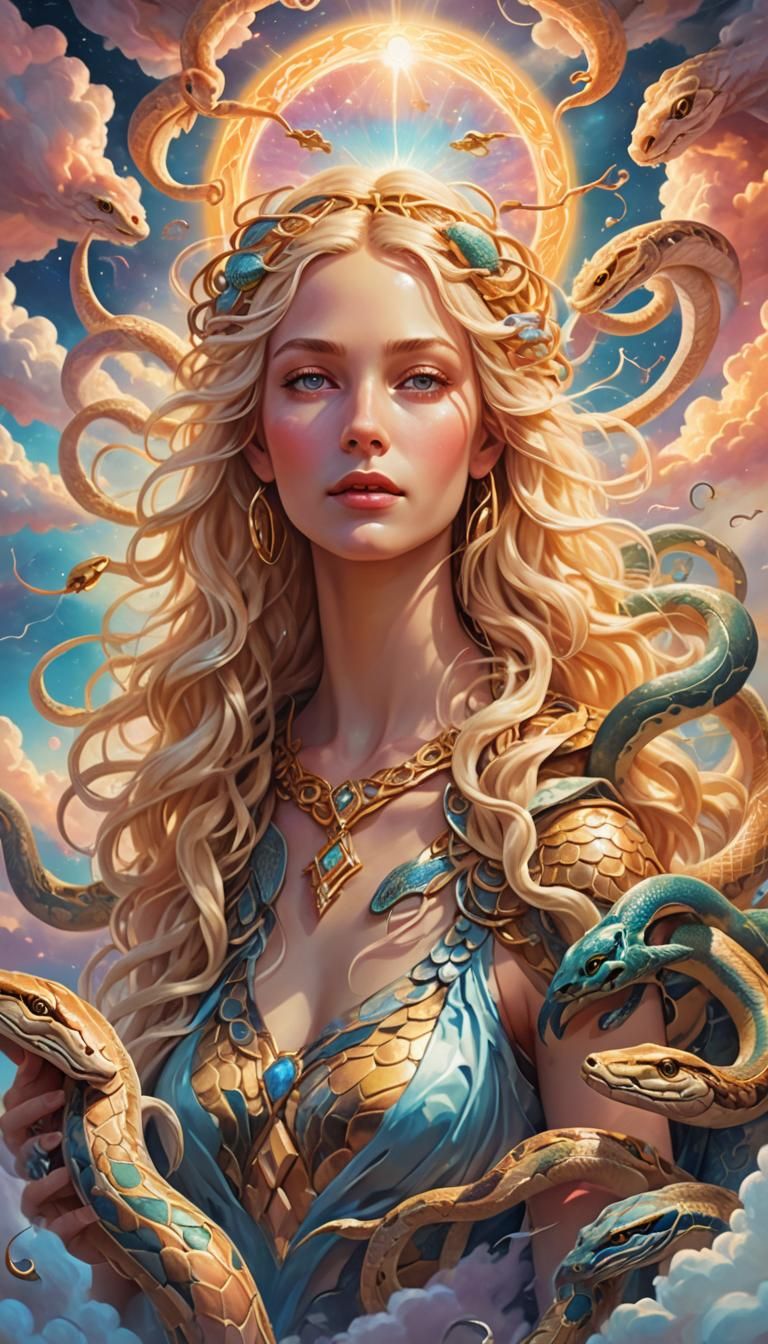 Blonde Goddess with Snakes in Cosmic Astral Illustration