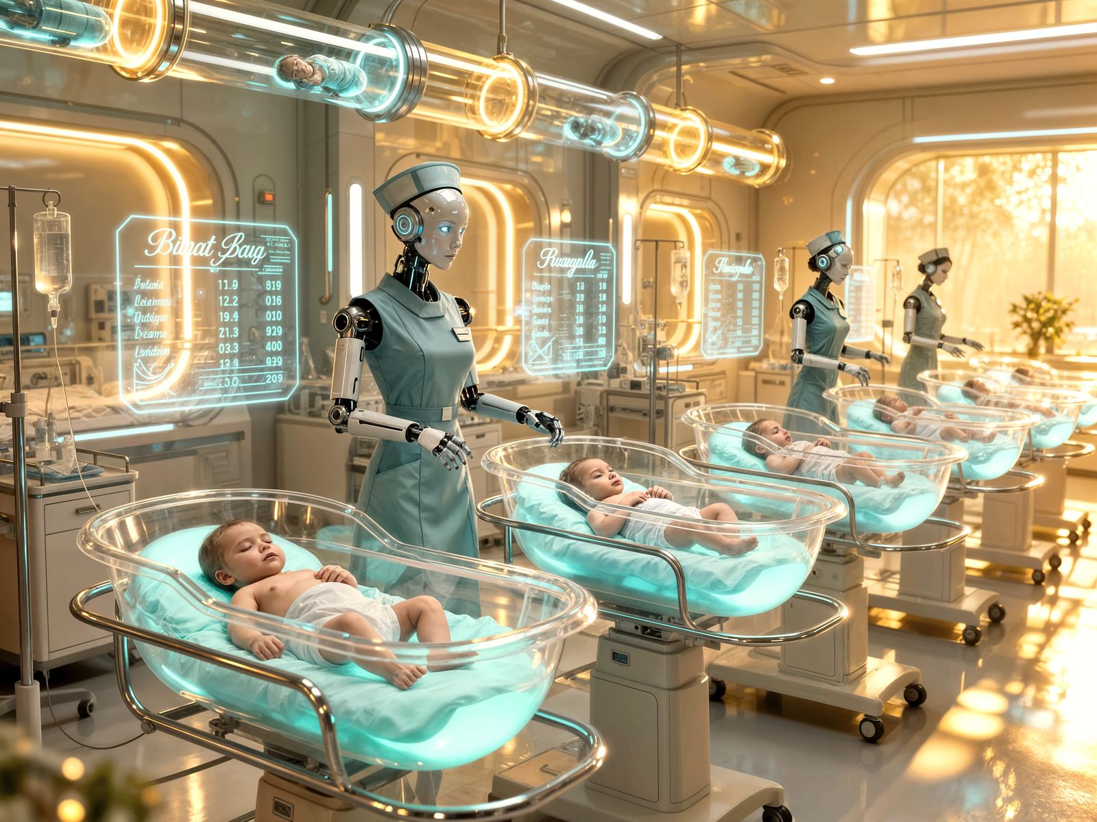 Futuristic Dystopian Maternity Ward with Floating Baby Pods