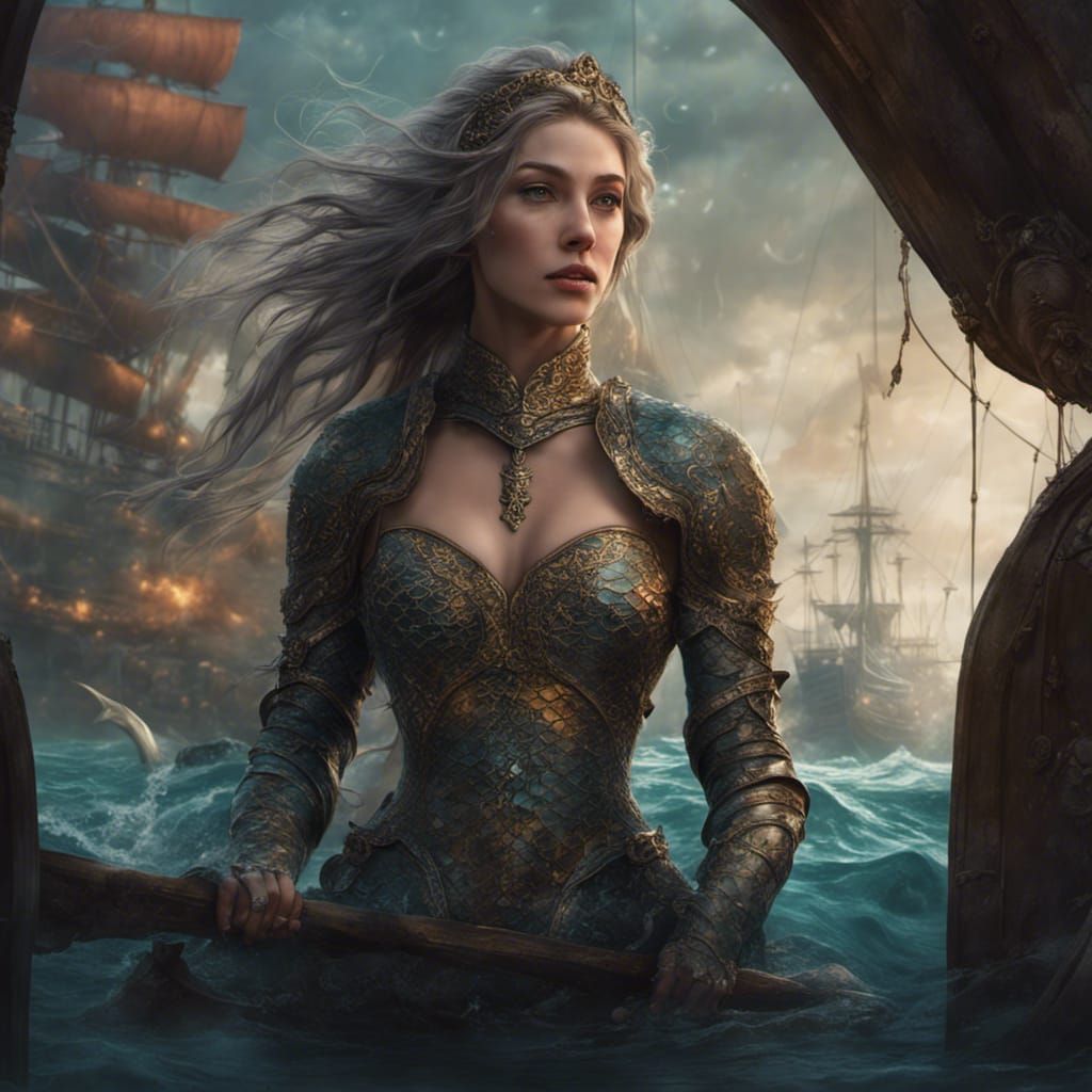 Mermaid Warrior on Shipwreck in Detailed Fantasy Art