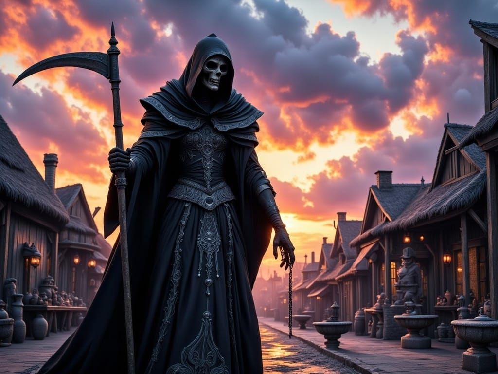 Grim Reaper in Desolate Town Square, Gothic Art