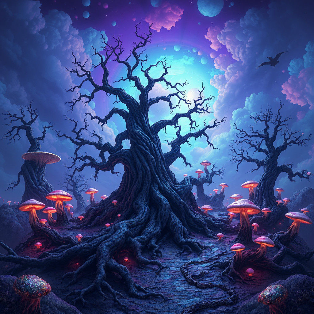 Mystical Landscape with Glowing Mushrooms in Retro-Futuristi...