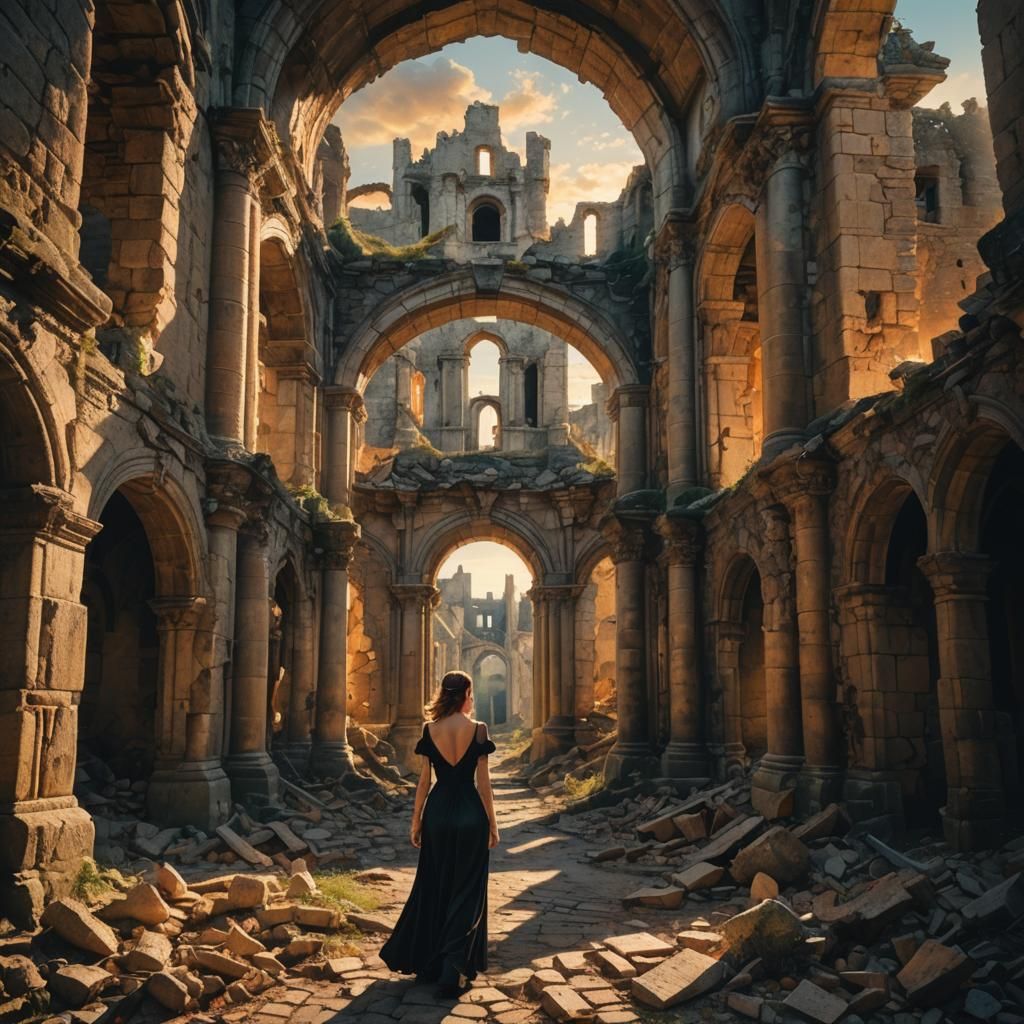 Woman in Black Dress in Ruined Castle