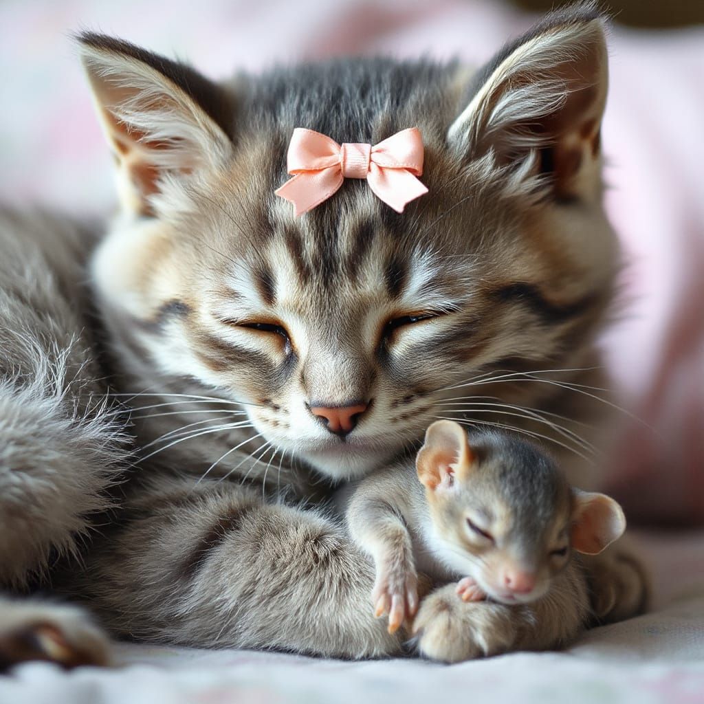 Photorealistic Kitten Sleeping with Tiny Mouse, Soft Light